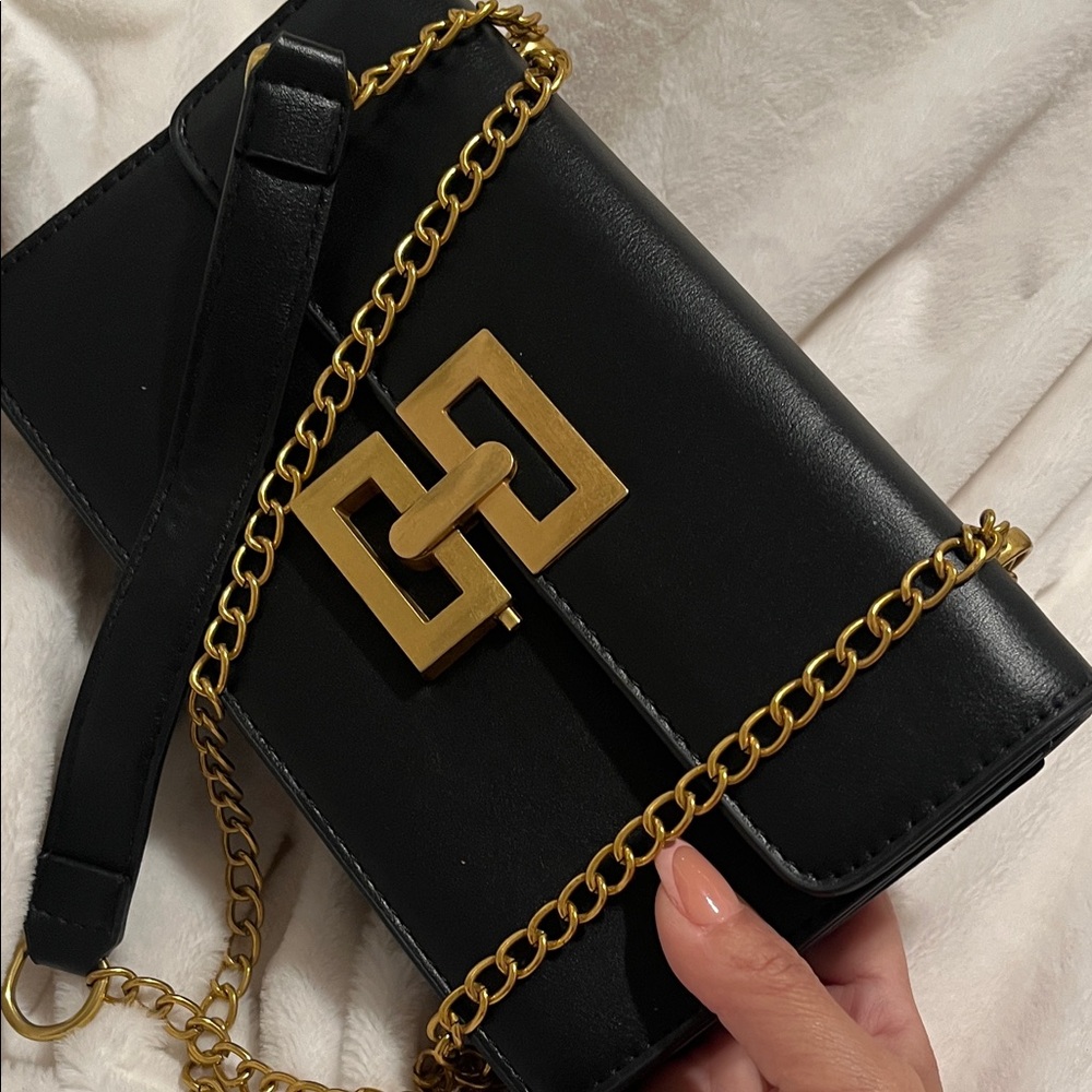 Black Leather Chain Shoulder Bag with Gold Hardware